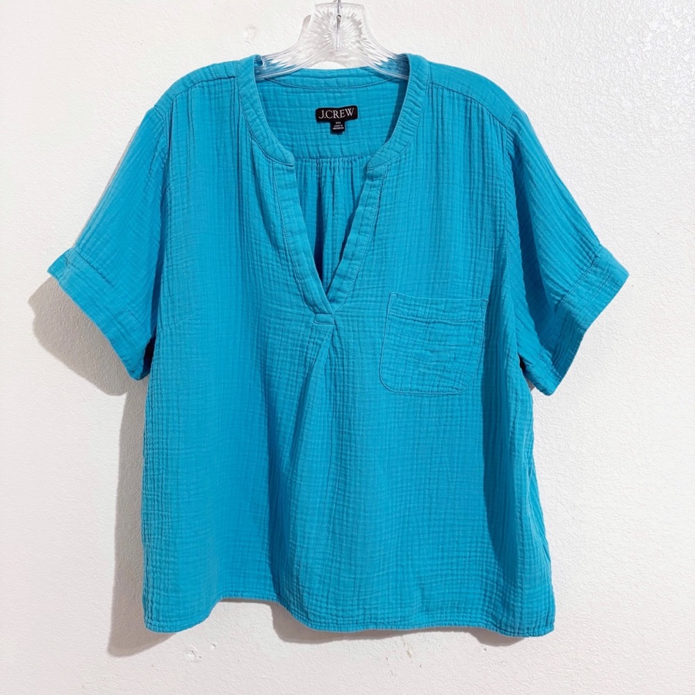 J. Crew V-Neck Double-Gauze‎ Popover Short Sleeve Top in Blue